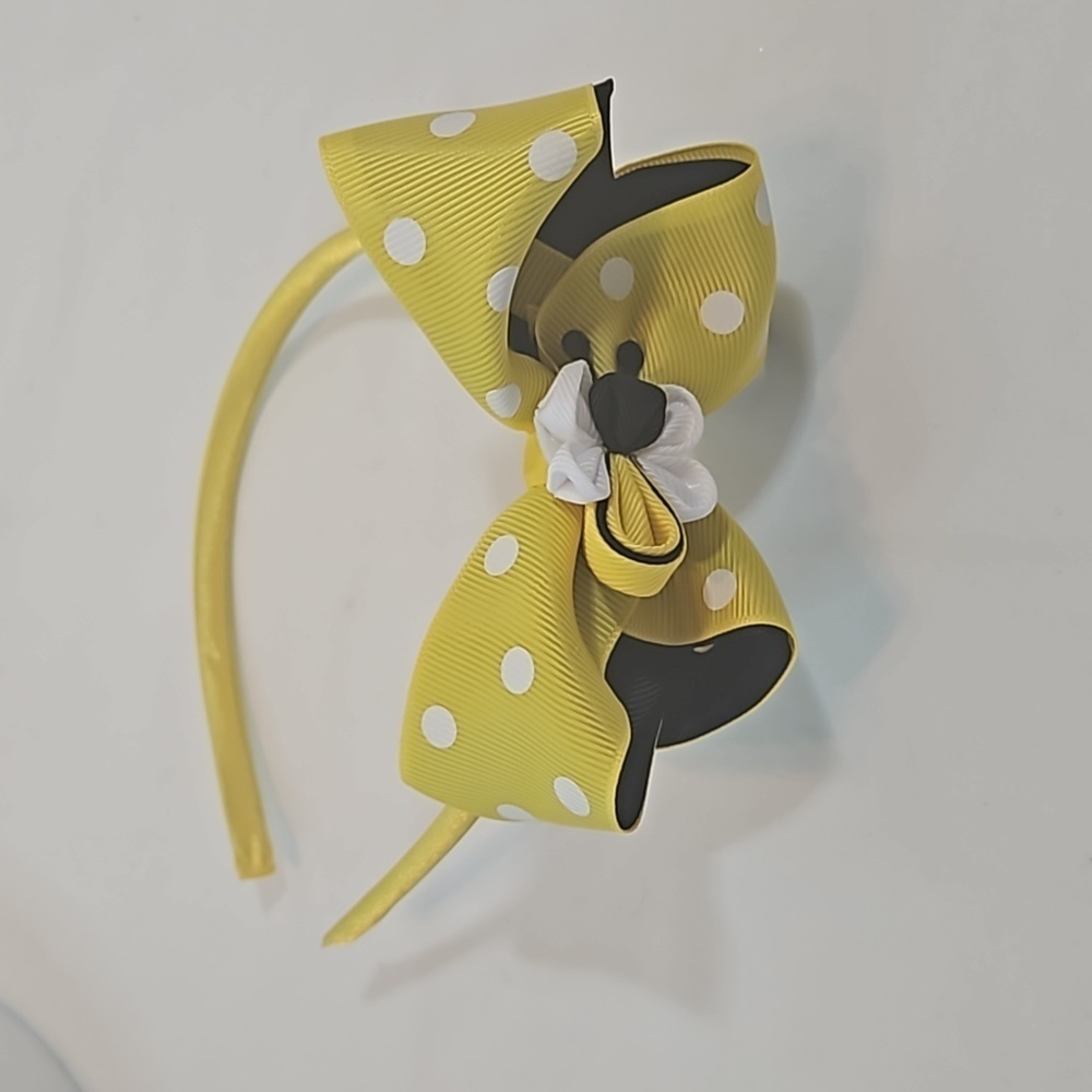 Hand Crafted Handmade Bow Hairband Yellow white polka-dot black contrast ribbon - Picture 15 of 17